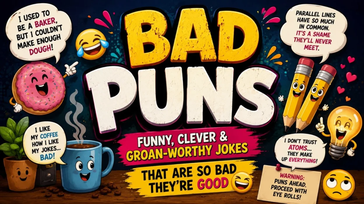 Bad puns featuring funny, clever, cheesy and groan-worthy jokes in a colorful cartoon design