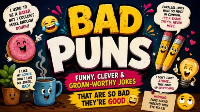 Bad puns featuring funny, clever, cheesy and groan-worthy jokes in a colorful cartoon design