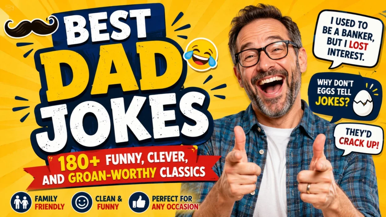 Best Dad Jokes thumbnail featuring a laughing dad with funny, clean, family-friendly jokes and clever puns.