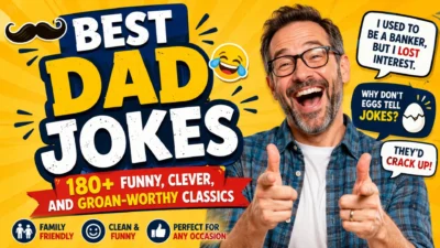 Best Dad Jokes thumbnail featuring a laughing dad with funny, clean, family-friendly jokes and clever puns.