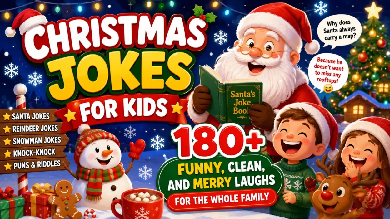 Christmas jokes for kids illustration with Santa, elf, reindeer, snowman, gifts, and a festive Christmas tree.