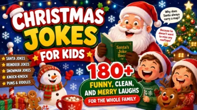 Christmas jokes for kids illustration with Santa, elf, reindeer, snowman, gifts, and a festive Christmas tree.
