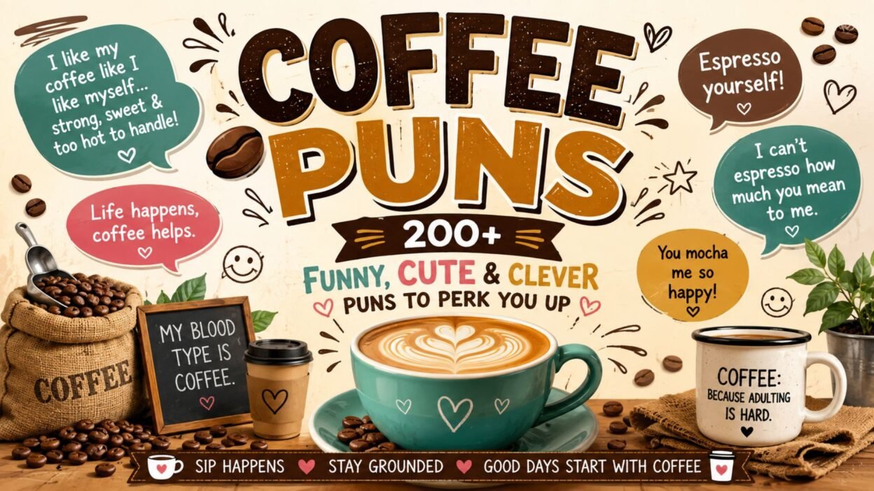 Coffee puns poster featuring 200+ funny, cute and clever coffee jokes with mugs and coffee beans