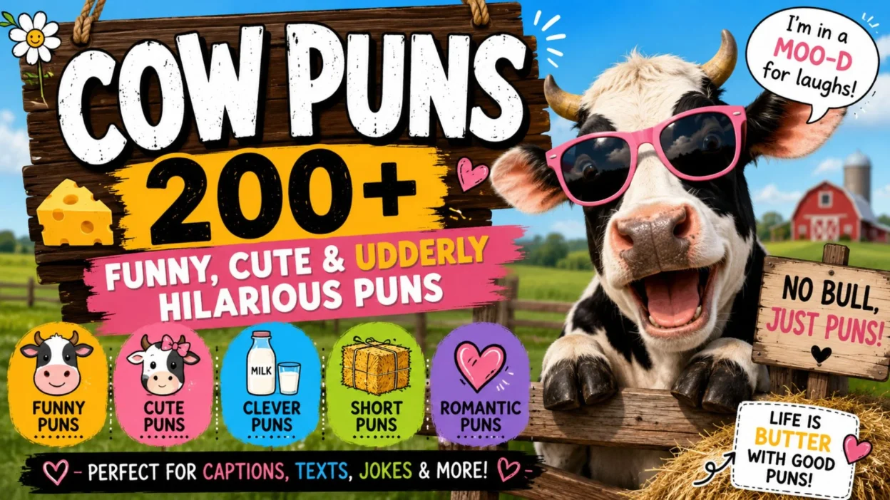 Funny cow puns with a smiling cow, 200+ silly, cute and udderly hilarious jokes