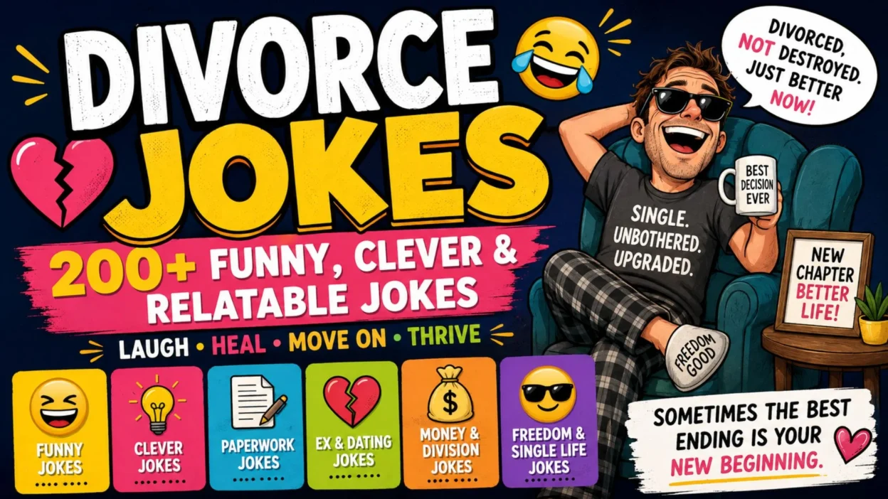 Divorce jokes graphic with funny, clever and relatable jokes about moving on and single life