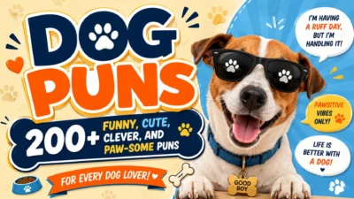 Dog puns with a happy dog in sunglasses and 200+ funny, cute, clever, and paw-some jokes