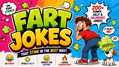 Fart jokes with funny cartoon boy, dog, and comic-style fart clouds