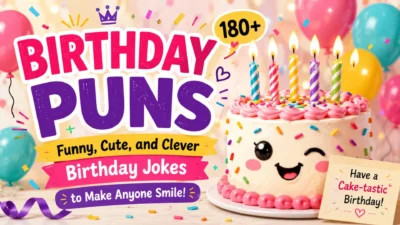 Birthday puns cover featuring a cute smiling birthday cake with funny birthday jokes and colorful party balloons