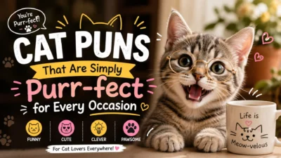Cute kitten with glasses featuring funny cat puns on a playful cover for cat lovers and social media captions
