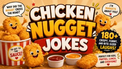 Chicken Nugget Jokes illustration with smiling cartoon nuggets, dipping sauces, and funny food puns for kids and families.