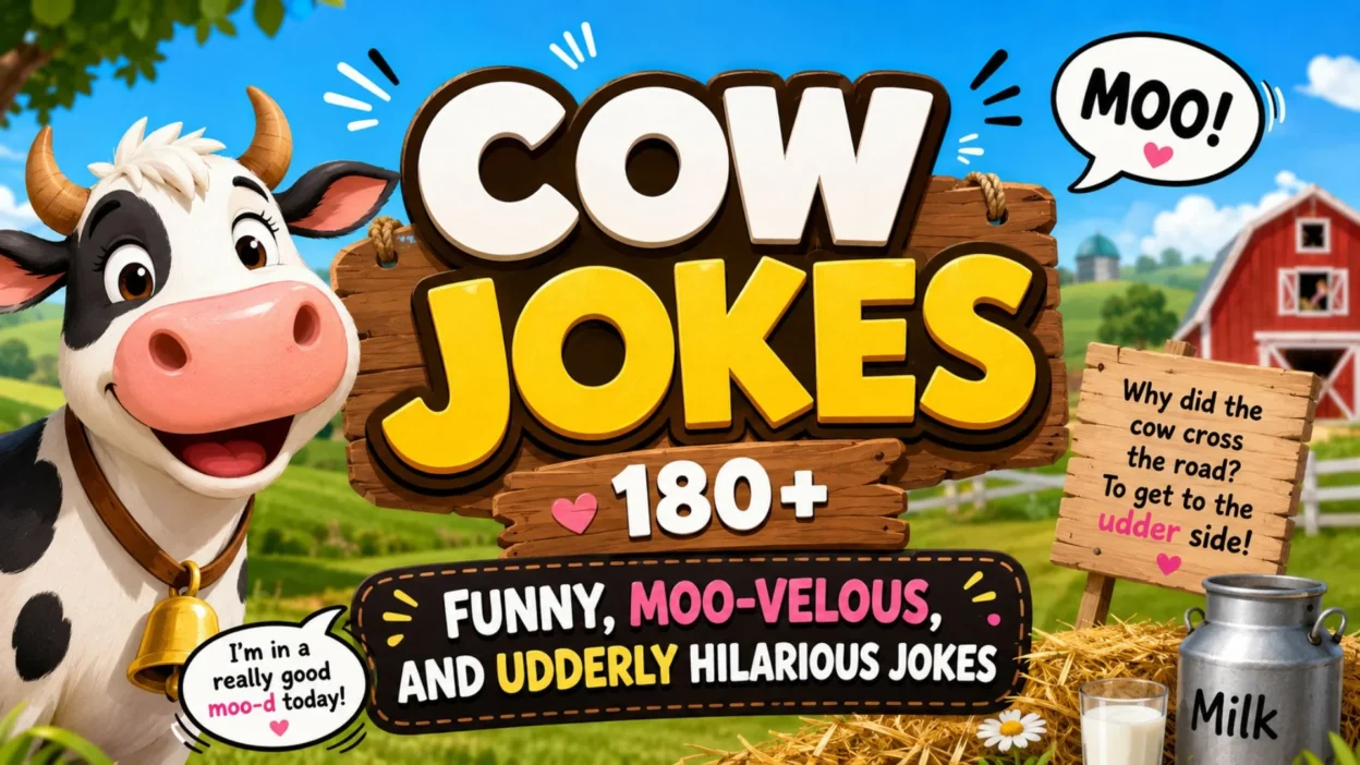 Funny cow jokes illustration with a cheerful cartoon cow, farm scene, and moo-themed puns for kids and families.