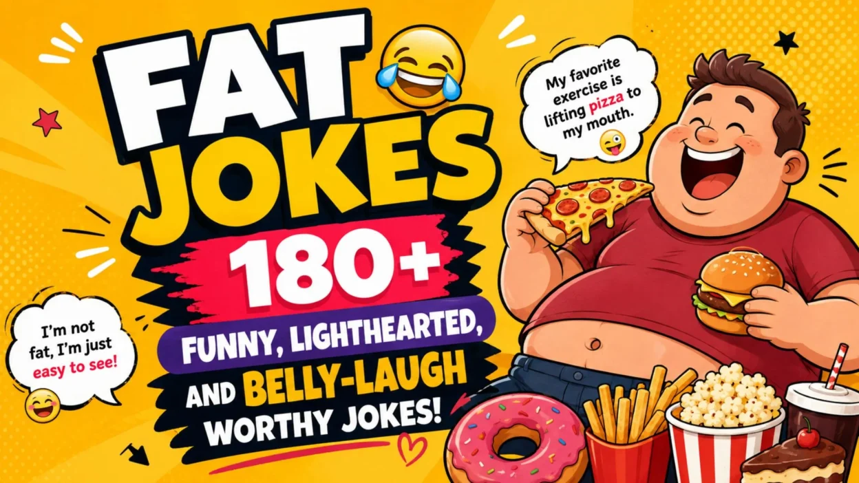 Funny fat jokes illustration featuring a laughing cartoon foodie with pizza, burger, fries, and desserts on a bright yellow background.