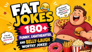 Funny fat jokes illustration featuring a laughing cartoon foodie with pizza, burger, fries, and desserts on a bright yellow background.
