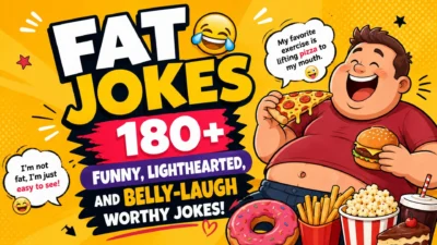 Funny fat jokes illustration featuring a laughing cartoon foodie with pizza, burger, fries, and desserts on a bright yellow background.