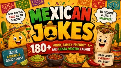 Mexican jokes illustration with cartoon taco, burrito, nachos, and fiesta decorations for clean family-friendly laughs.