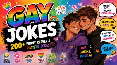 Two gay boys sharing a loving moment in a colorful playful design for gay jokes