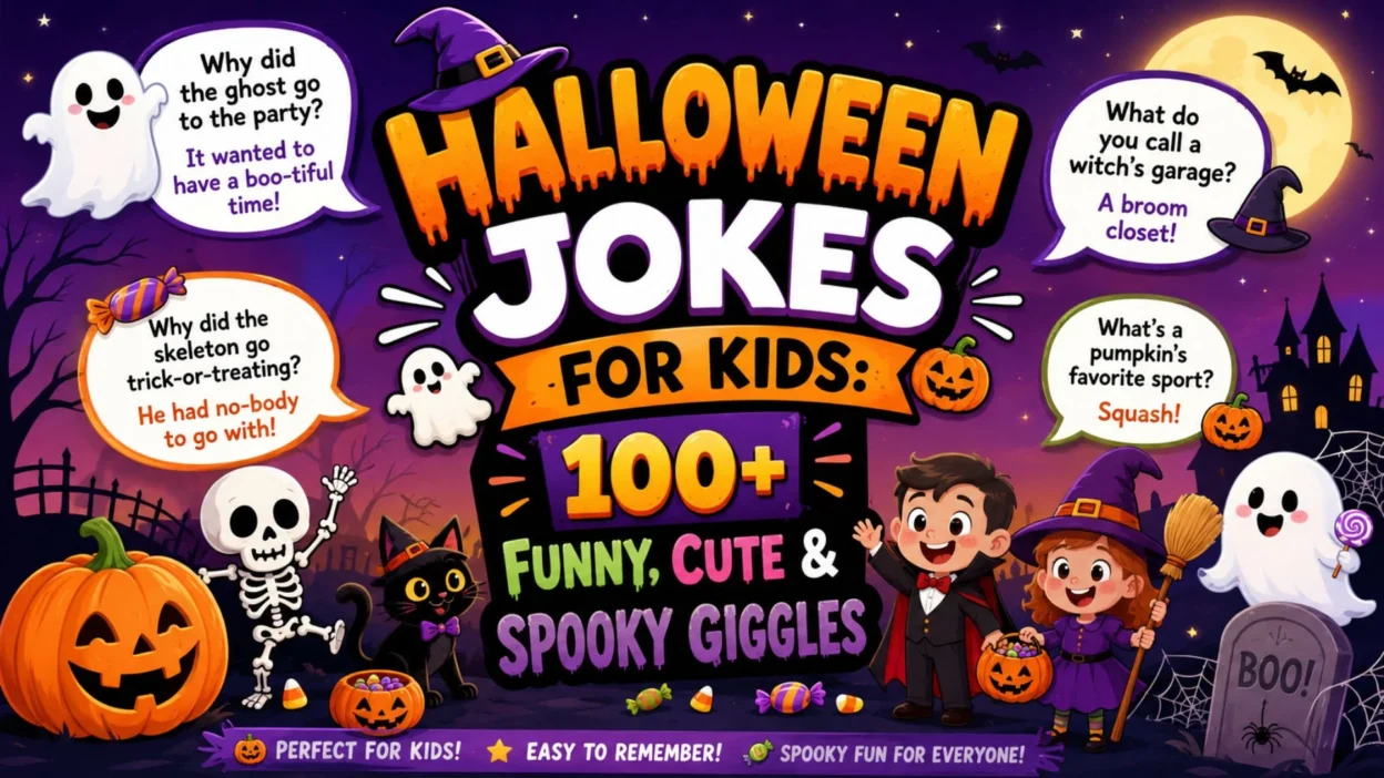 Halloween jokes for kids with funny ghosts, pumpkins, skeletons, witches, and spooky cartoon characters
