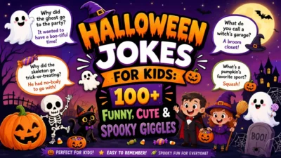 Halloween jokes for kids with funny ghosts, pumpkins, skeletons, witches, and spooky cartoon characters