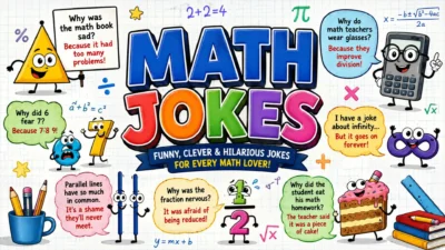 Funny math jokes with colorful cartoon numbers, calculator, equations, geometry shapes, and joke bubbles