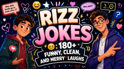 Rizz jokes illustration featuring confident cartoon characters with funny, smooth, and witty one-liners in a colorful design.