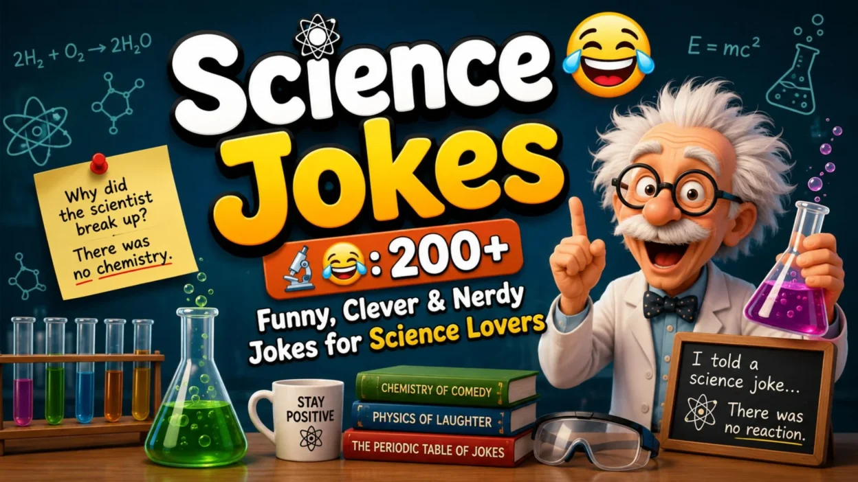 Science jokes with funny scientist, lab equipment, and 200+ nerdy jokes for science lovers
