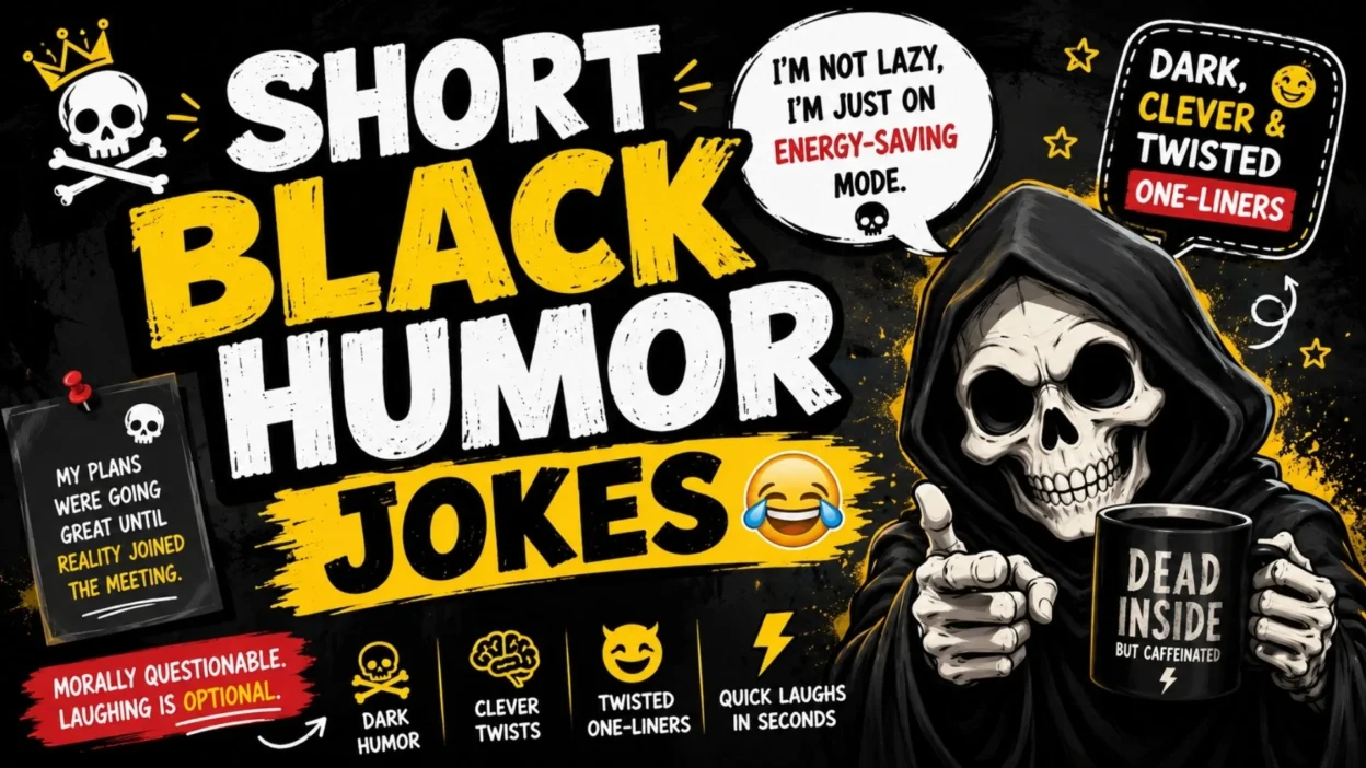 Short black humor jokes with dark, clever and twisted one-liners featuring a funny grim reaper