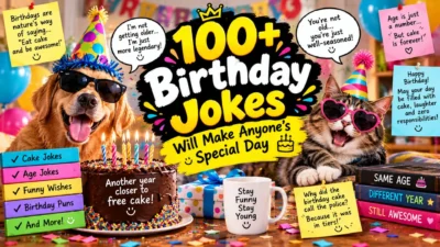 100+ funny birthday jokes with a festive cake, balloons, gifts, and playful birthday humor