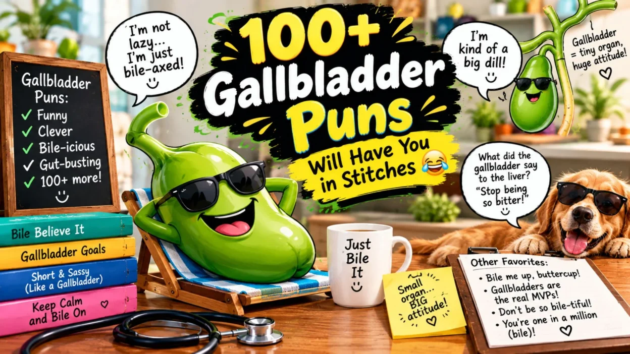 100+ funny gallbladder puns with a smiling gallbladder, stethoscope, dog, and playful medical humor
