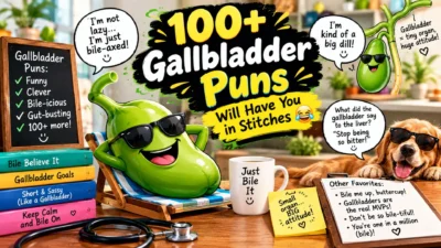 100+ funny gallbladder puns with a smiling gallbladder, stethoscope, dog, and playful medical humor