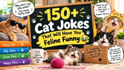 150+ cat jokes with funny cats, a chalkboard, yarn, books, and playful speech bubbles