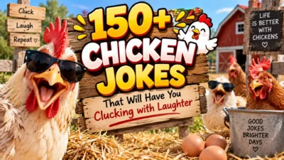 150+ funny chicken jokes with laughing chickens on a farm