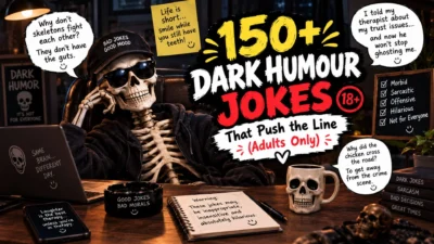 150+ dark humour jokes with a funny skeleton, skull mug, laptop, and edgy comedy theme for adults