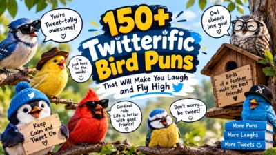 150+ funny bird puns with colorful birds, playful speech bubbles, and Twitterific humor