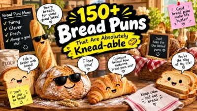 150+ funny bread puns with smiling bread, baguette, croissant, toast, and playful bakery humor