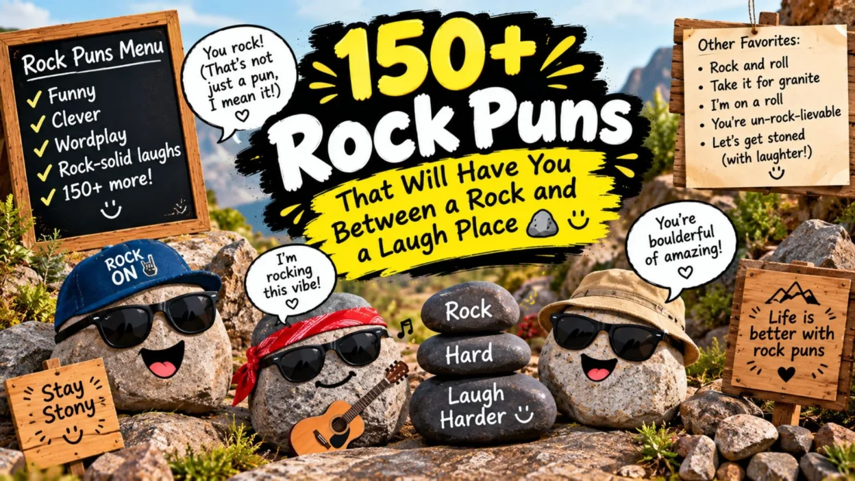 150+ funny rock puns with smiling rocks, sunglasses, guitar, mountains, and playful stone humor