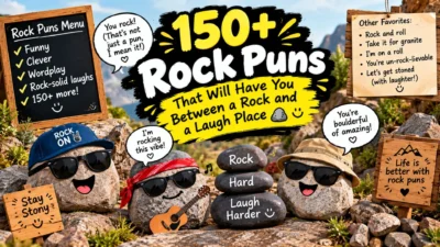 150+ funny rock puns with smiling rocks, sunglasses, guitar, mountains, and playful stone humor