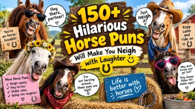 150+ hilarious horse puns with funny horses, farm scenery, hay bales, and playful signs