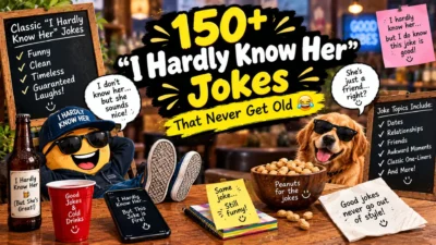 150+ funny “I Hardly Know Her” jokes with a playful character, dog, speech bubbles, and comedy-themed props