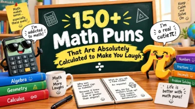 150+ math puns with a funny calculator, pi character, chalkboard, books, and math jokes