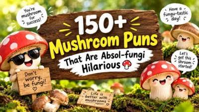 150+ mushroom puns with funny cartoon mushrooms, woodland signs, and playful speech bubbles