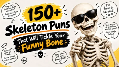 150+ skeleton puns that will tickle your funny bone with a funny skeleton wearing sunglasses
