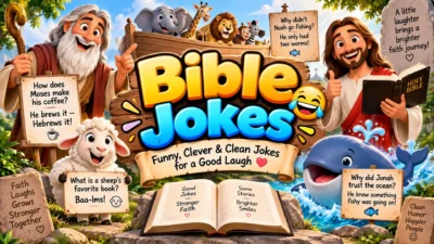 Bible jokes featuring funny cartoon characters, Noah’s Ark, animals, and clean Christian humor