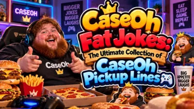CaseOh fat jokes banner with gaming streamer, burgers, pizza, fries, controller, and funny pickup lines