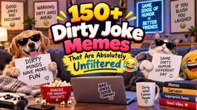 150+ dirty joke memes with funny dog and cat characters in a playful meme-themed setting