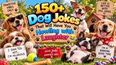 150+ dog jokes with happy dogs in a colorful backyard full of playful humor
