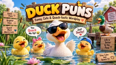 Funny duck puns with cartoon ducks, ducklings, pond, and colorful signs featuring quack-tastic wordplay