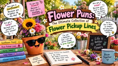 Flower puns and pickup lines with colorful roses, sunflowers, daisies, tulips, and a playful flower pot