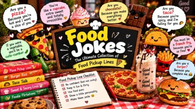 Food jokes and pickup lines with pizza, burger, taco, cupcake, chocolate, fries, and playful speech bubbles