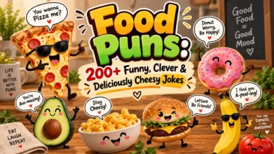 Food puns with funny, clever and cheesy jokes featuring pizza, donut, burger and other foods