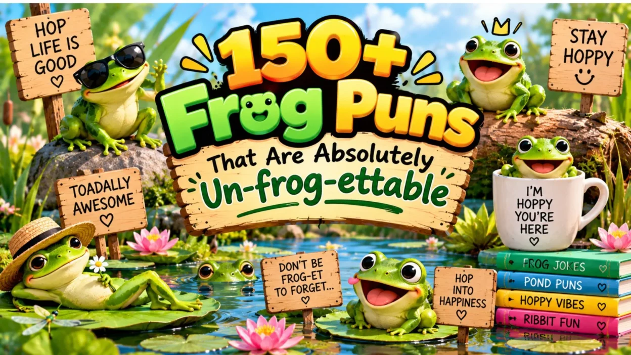 150+ frog puns with cheerful frogs, lily pads, flowers, and a colorful pond scene